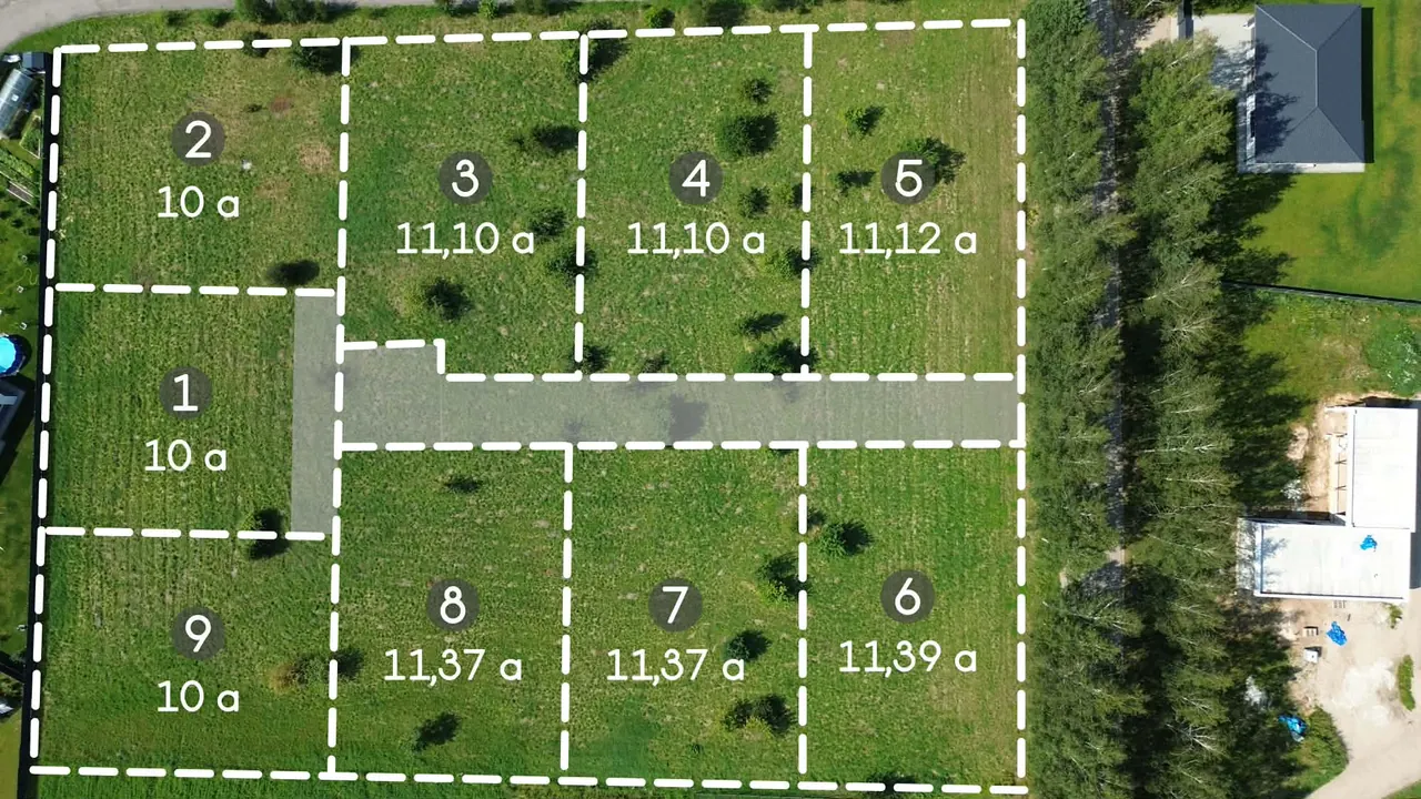 Sklypų 1–9 planas su numeriais ir plotais, Mokyklos g. 23, Rudamina